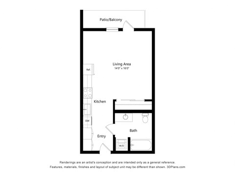 Floor plan for studio, 1 bath, 482 sqft